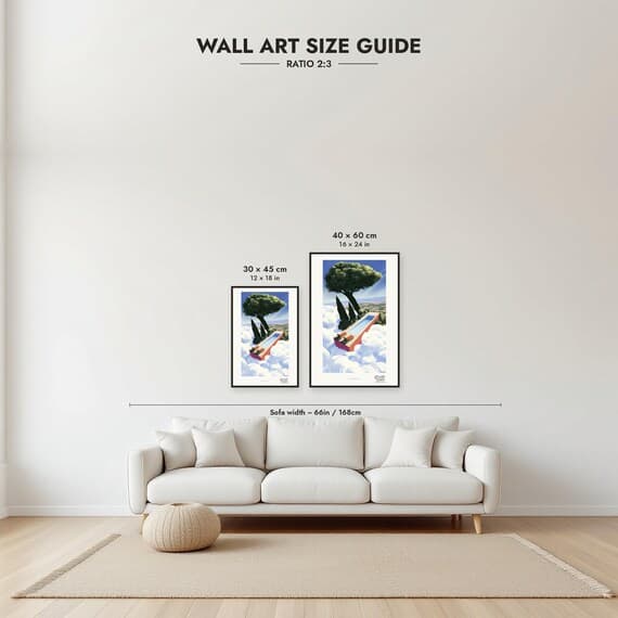 Framed size guide: 30x45 and 40x60 cm to scale above a sofa