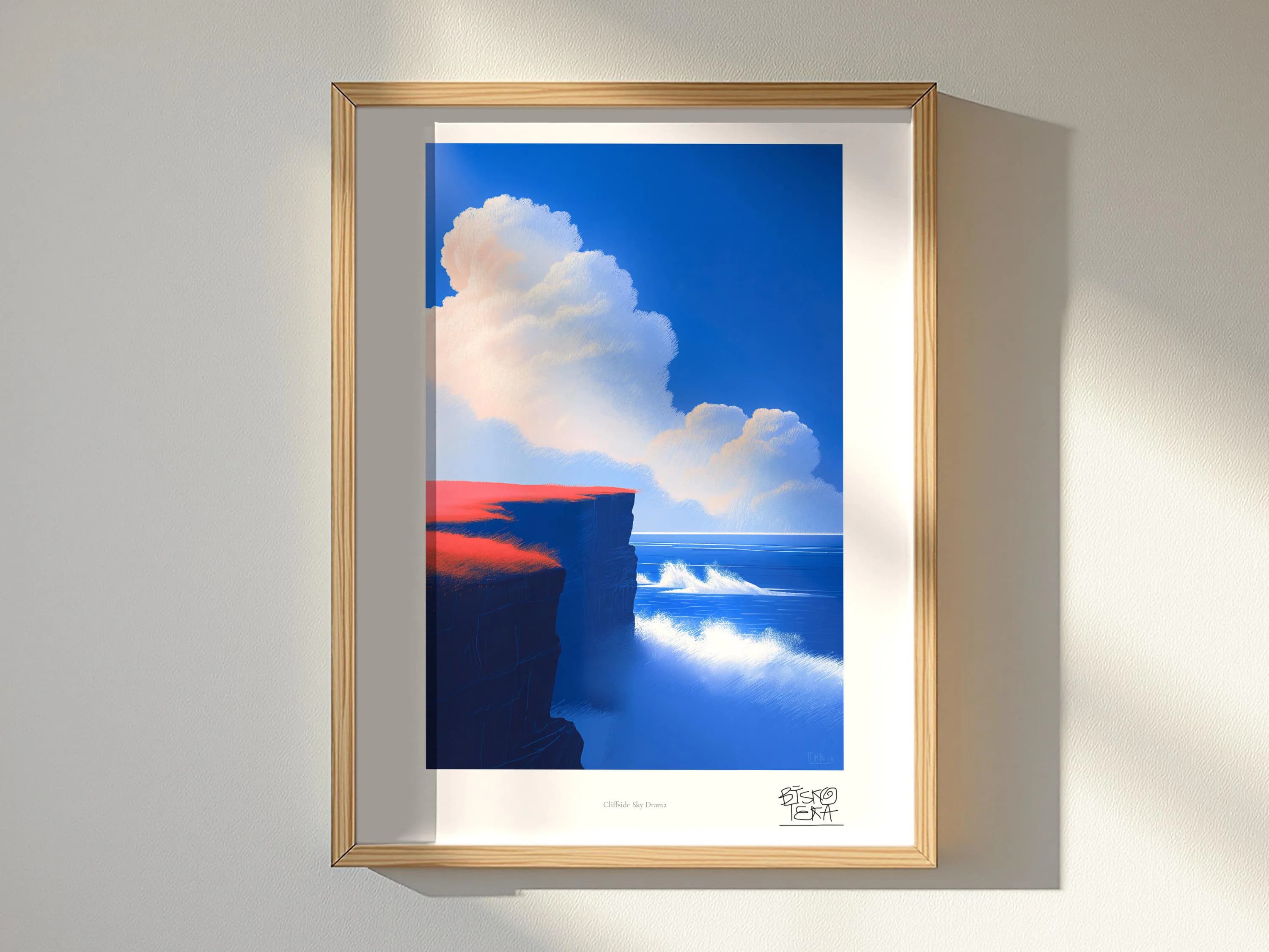 Cliffside Sky Drama art print, framed, shown in a styled room