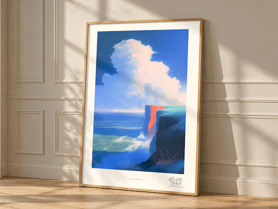 Azure Cliff Horizon art print, framed, in a second room setting
