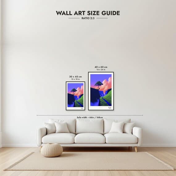 Framed size guide: 30x45 and 40x60 cm to scale above a sofa
