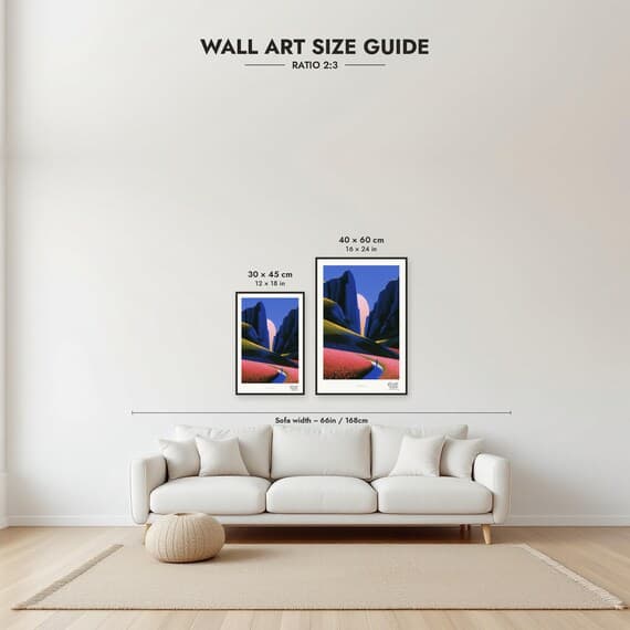 Framed size guide: 30x45 and 40x60 cm to scale above a sofa