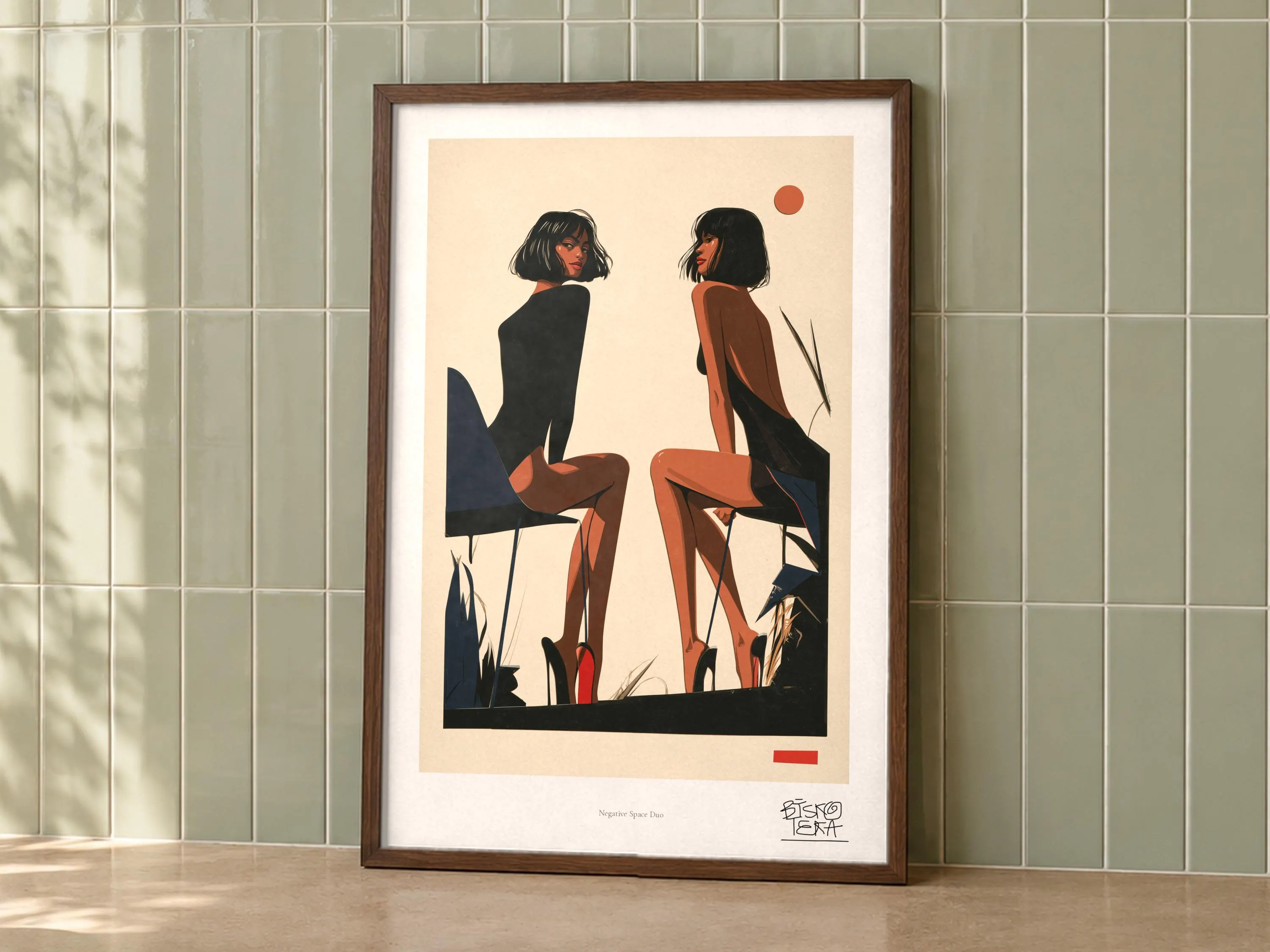 1980s Fashion Illustration art print on walnut frame, sage tile wall, two women wall art