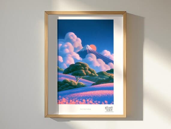 Snowy Sunrise Landscape art print, framed, in a second room setting