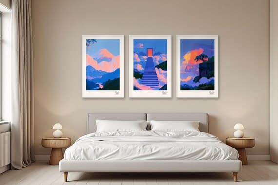 Above the Clouds trio shown together in a bedroom