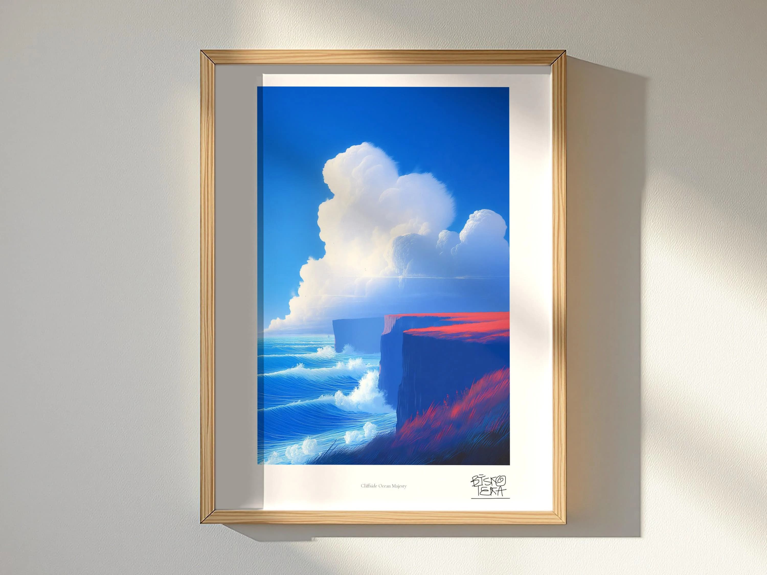 Cliffside Ocean Majesty framed art print, shown hanging in a styled room