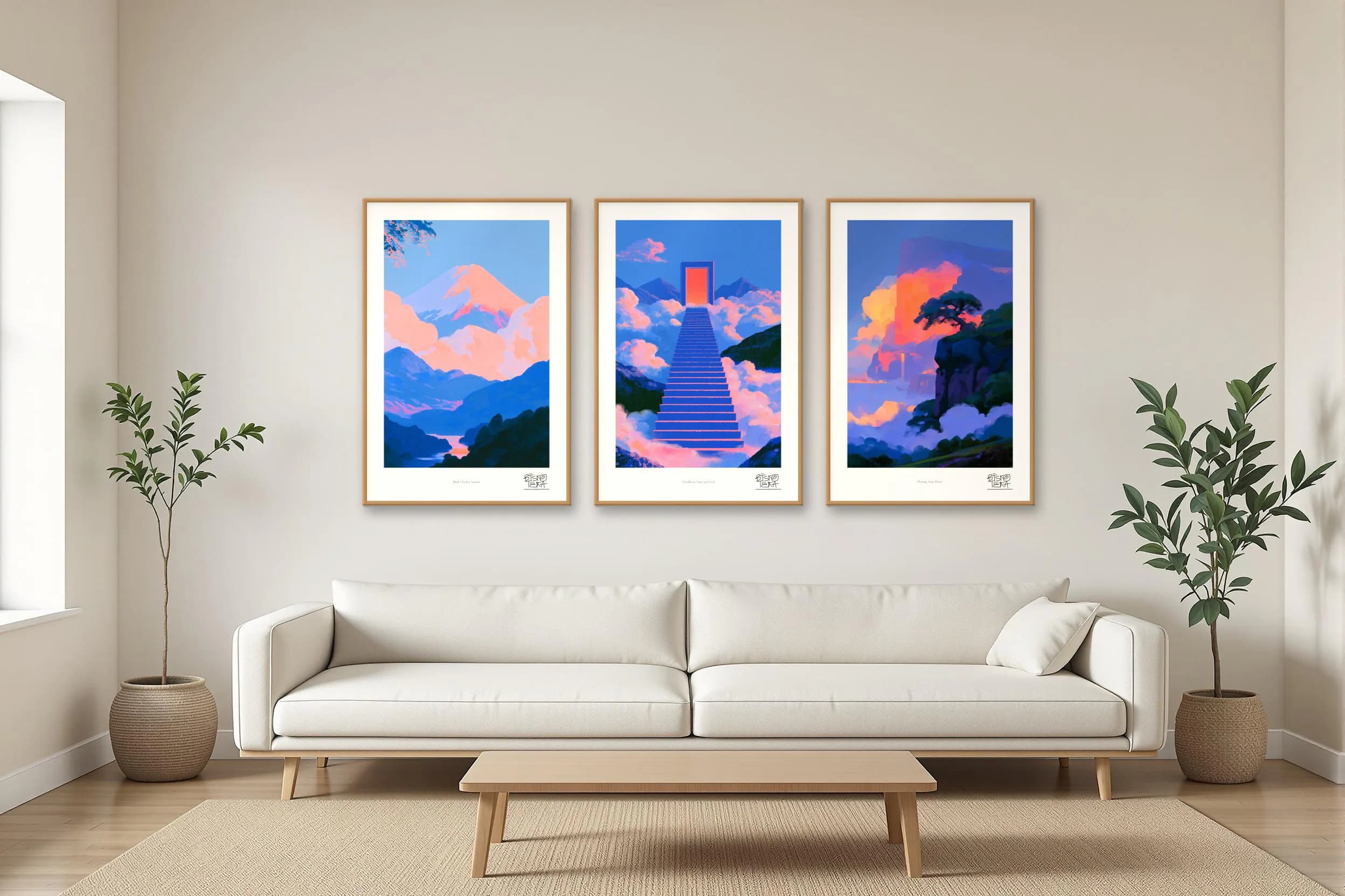 Above the Clouds trio shown together in a cream living room
