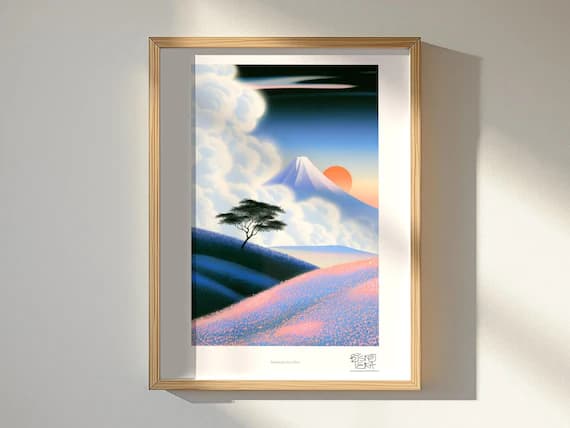 Mountain Sun Glow art print, framed, shown in a styled room