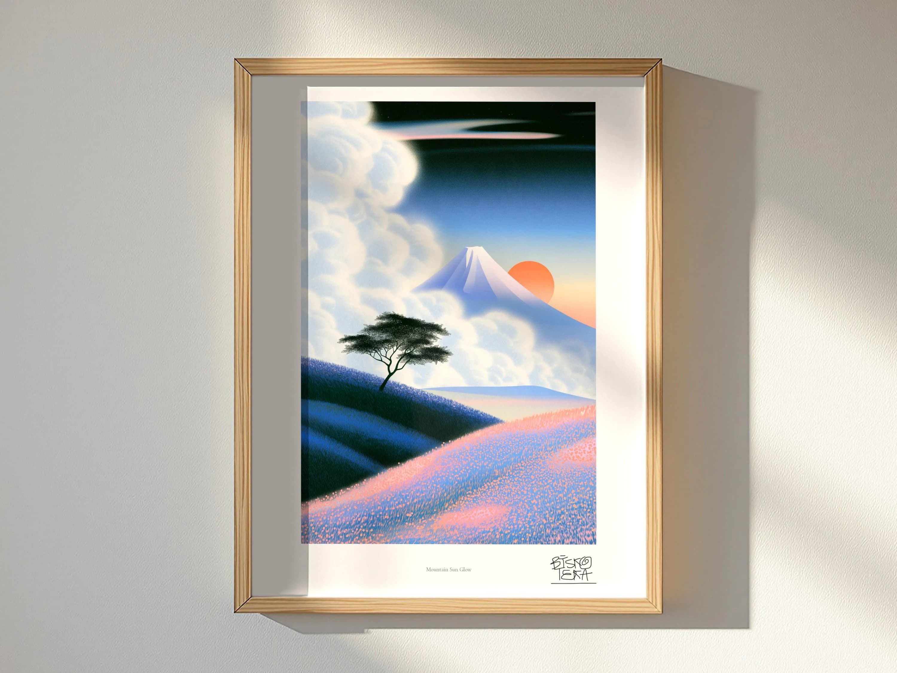 Mountain Sun Glow art print, framed, shown in a styled room