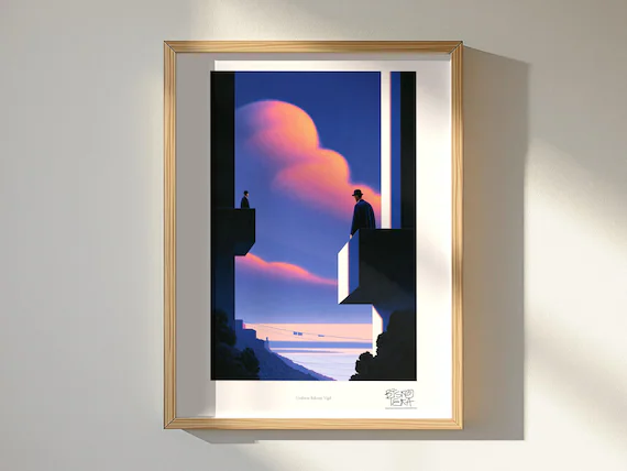 Uniform Balcony Vigil framed art print, shown hanging in a styled room