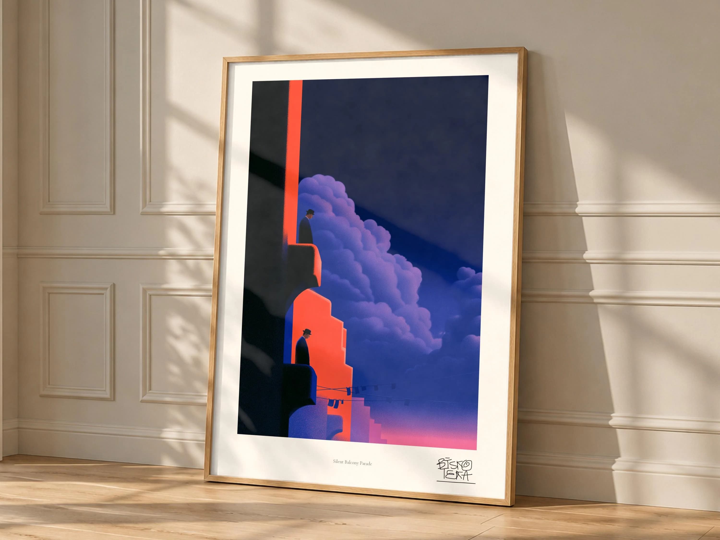 Silent Balcony Parade framed art print, shown hanging in a styled room