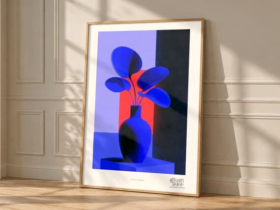 Leafy Vase Minimal art print, framed, shown in a styled room