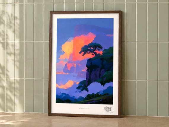 Floating Stone Forest art print on a wall, room view