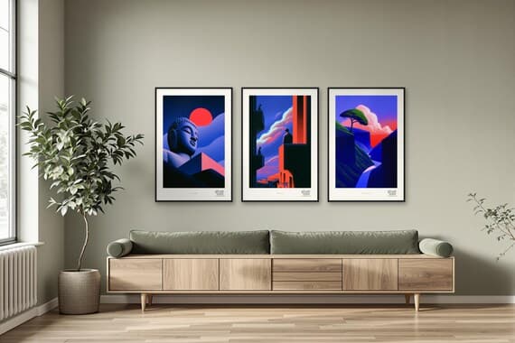 Midnight & Vermilion trio shown together in a sage living room