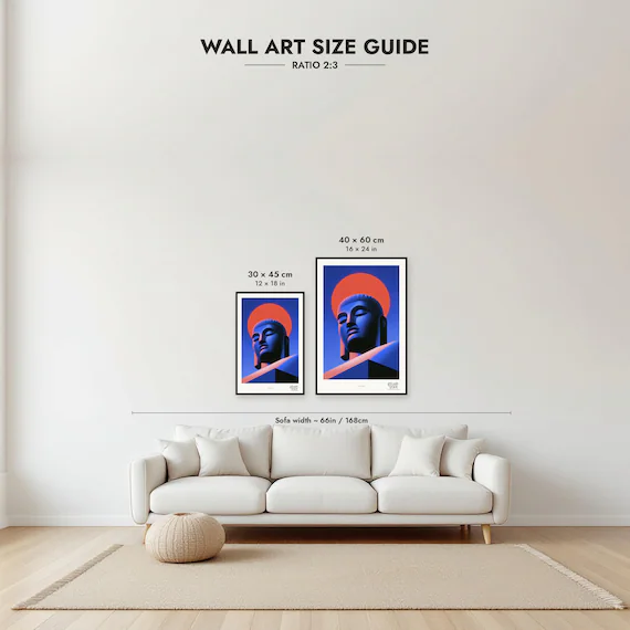 Framed size guide: 30x45 and 40x60 cm to scale above a sofa
