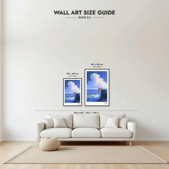 Framed size guide: 30x45 and 40x60 cm to scale above a sofa