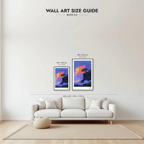 Framed size guide: 30x45 and 40x60 cm to scale above a sofa
