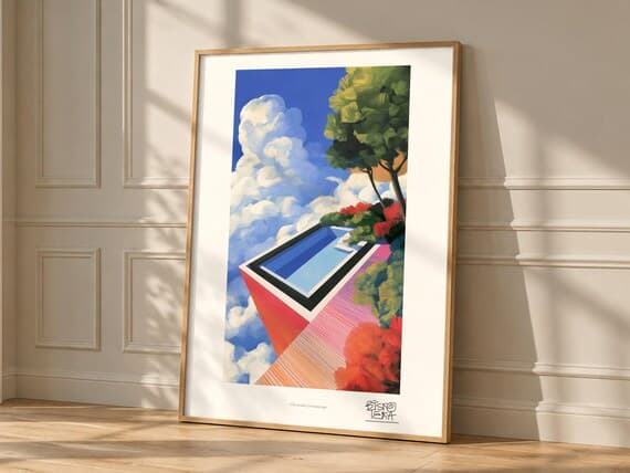 Ultraviolet Dreamscape framed art print, shown hanging in a styled room