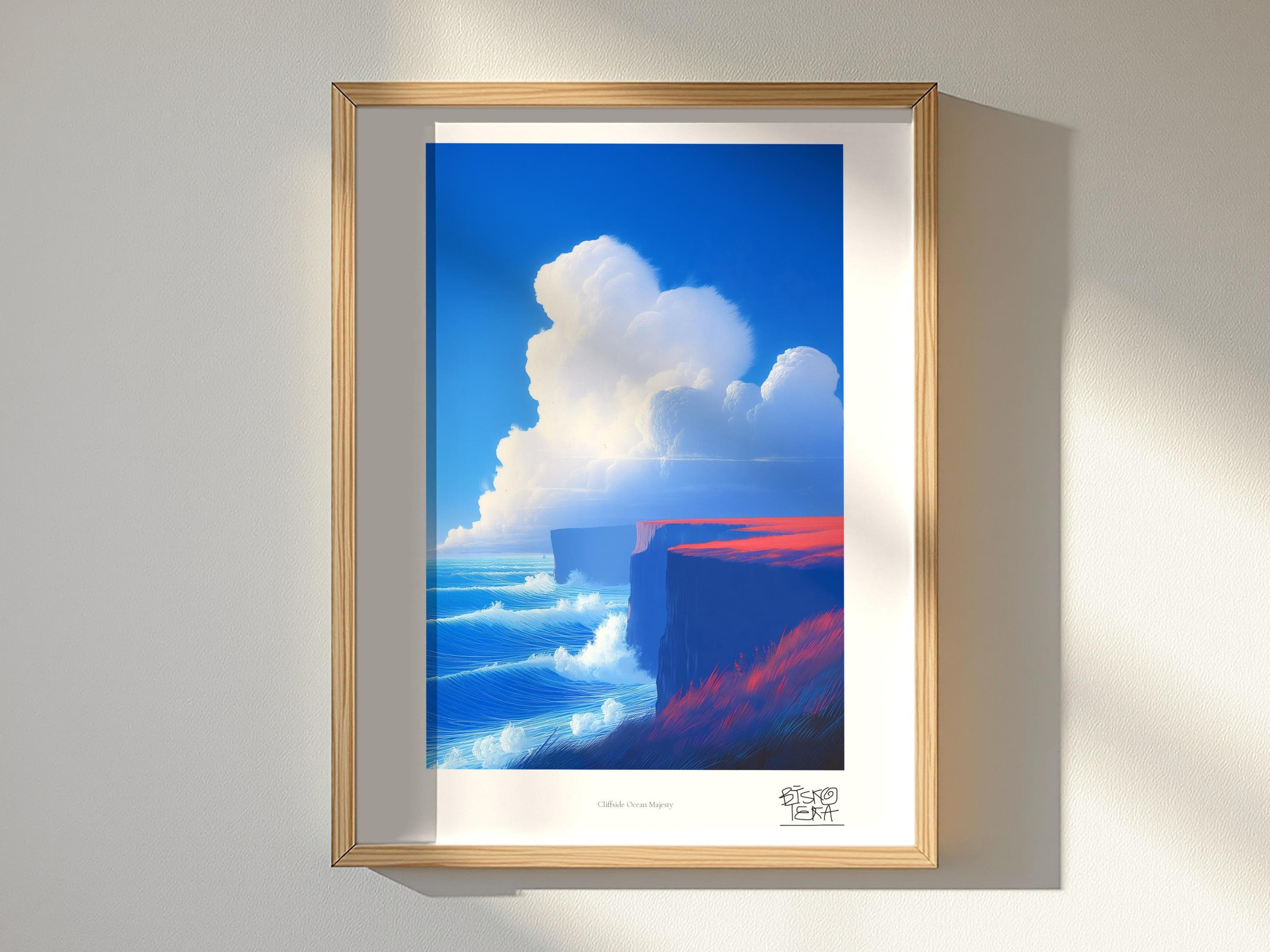 Cliffside Ocean Majesty art print, framed, shown in a styled room