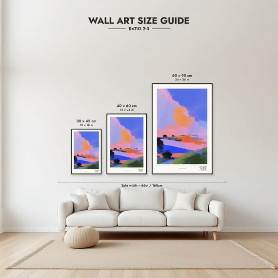 Size guide: 30×45, 40×60 and 60×90 cm to scale above a sofa