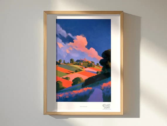 Rustic Roadscape art print, framed, shown in a styled room
