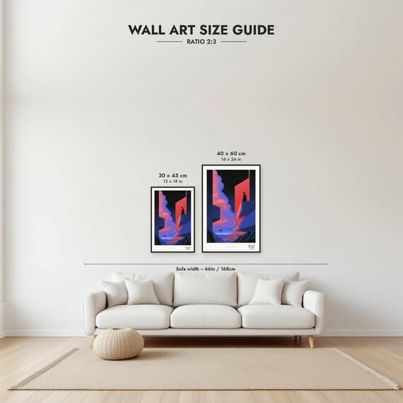 Framed size guide: 30x45 and 40x60 cm to scale above a sofa