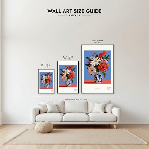 Size guide: 30×45, 40×60 and 60×90 cm to scale above a sofa
