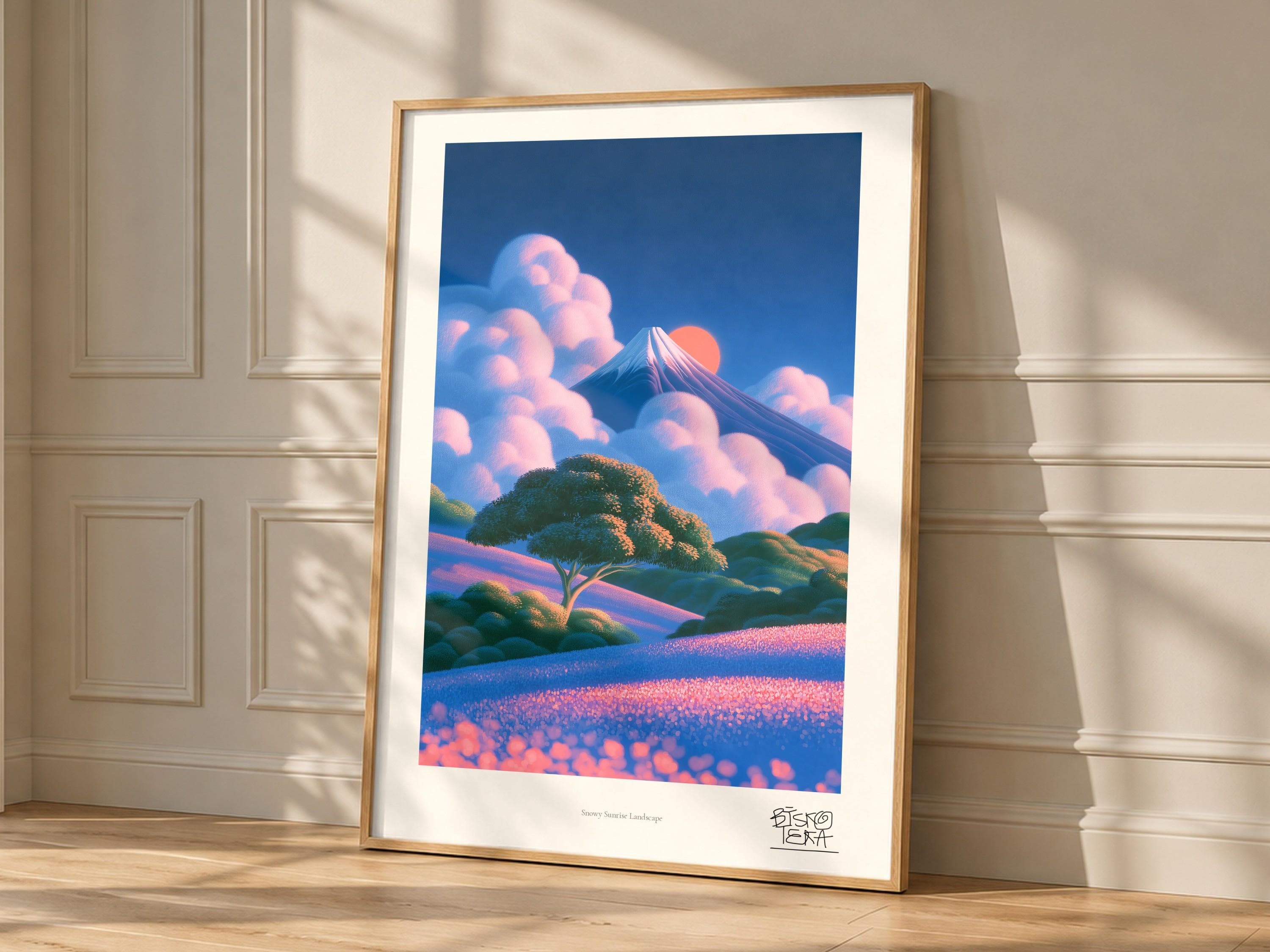 Snowy Sunrise Landscape framed art print, shown hanging in a styled room