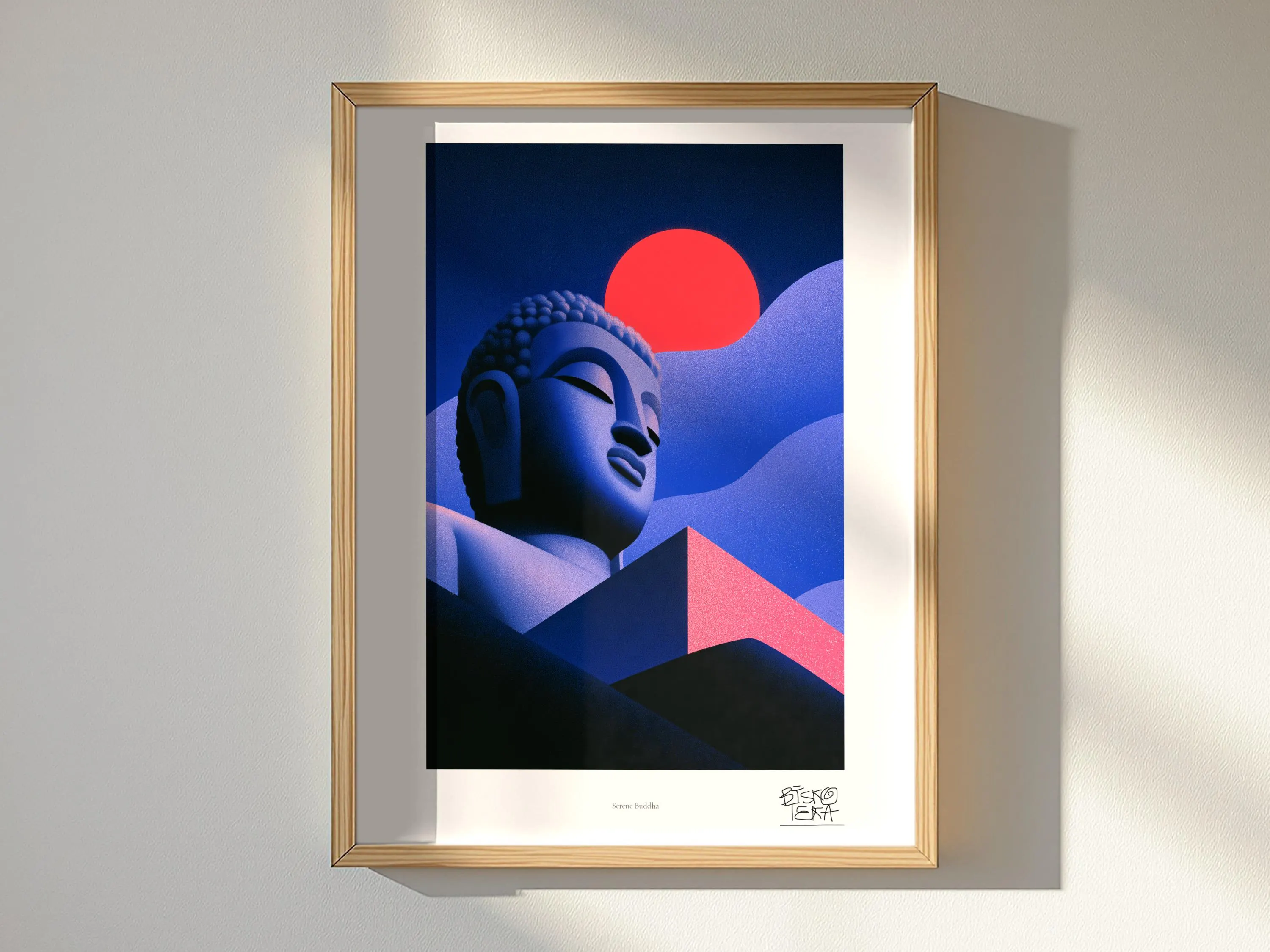 Serene Buddha art print, framed, shown in a styled room