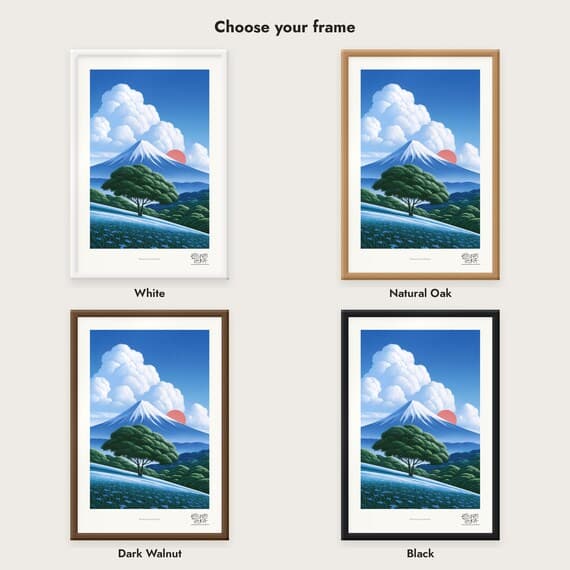 Frame colour comparison for the Mountain Sun Meadow framed print