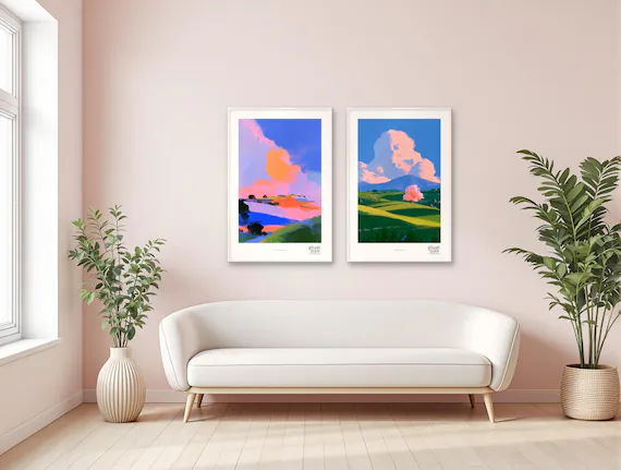 Pastel Hills duo shown together on a blush living room wall