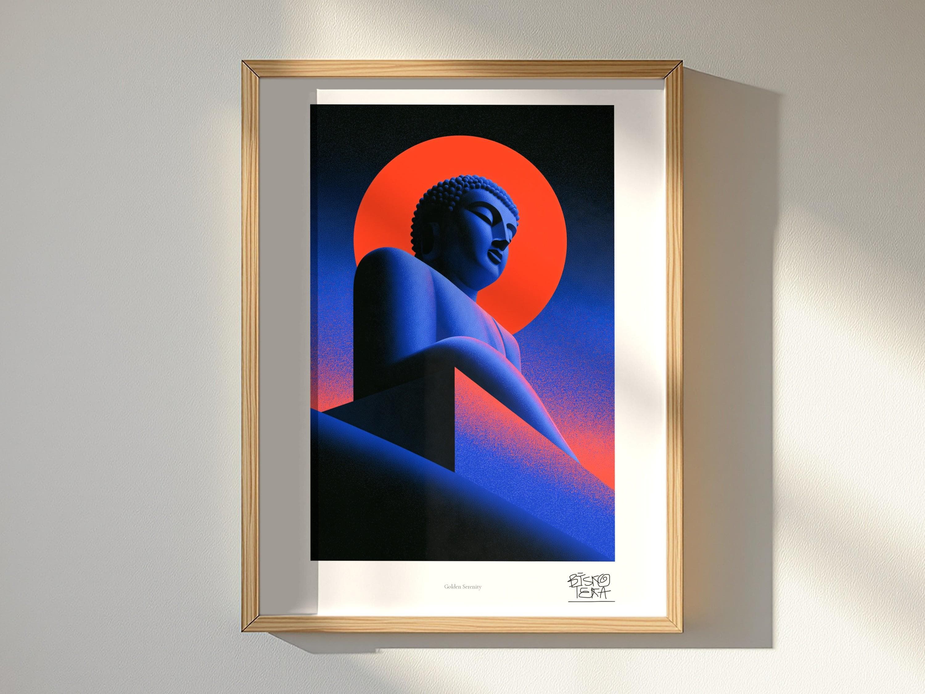 Golden Serenity framed art print, shown hanging in a styled room