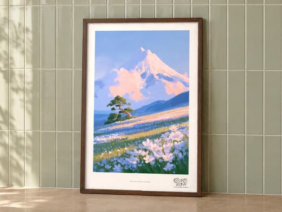 Pine Over Volcanic Meadow art print on a wall, room view