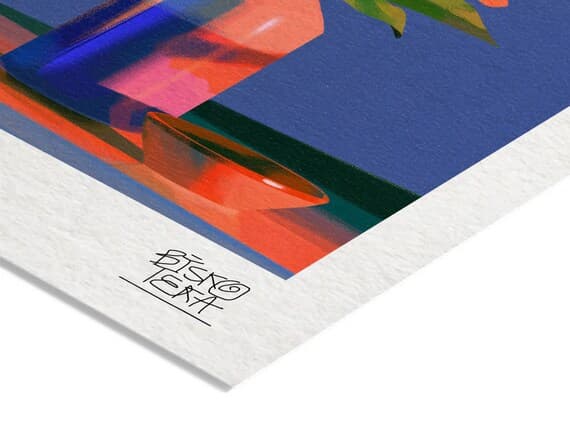Close-up of the printed signature on the fine-art giclée paper of the Vase of Wild Grace print