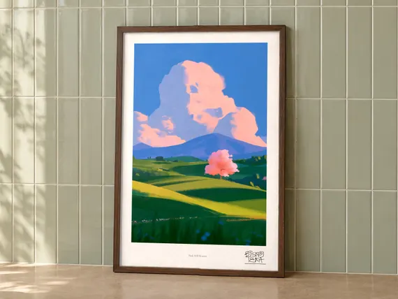 Pink Hill Blossom framed art print, second room setting