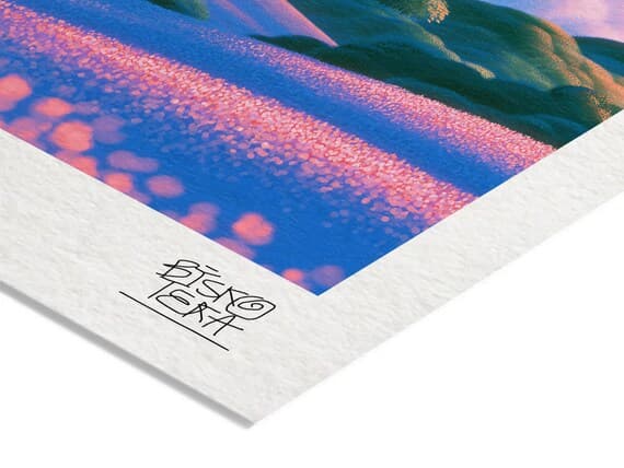 Close-up of the printed signature on the fine-art giclée paper of the Snowy Sunrise Landscape print