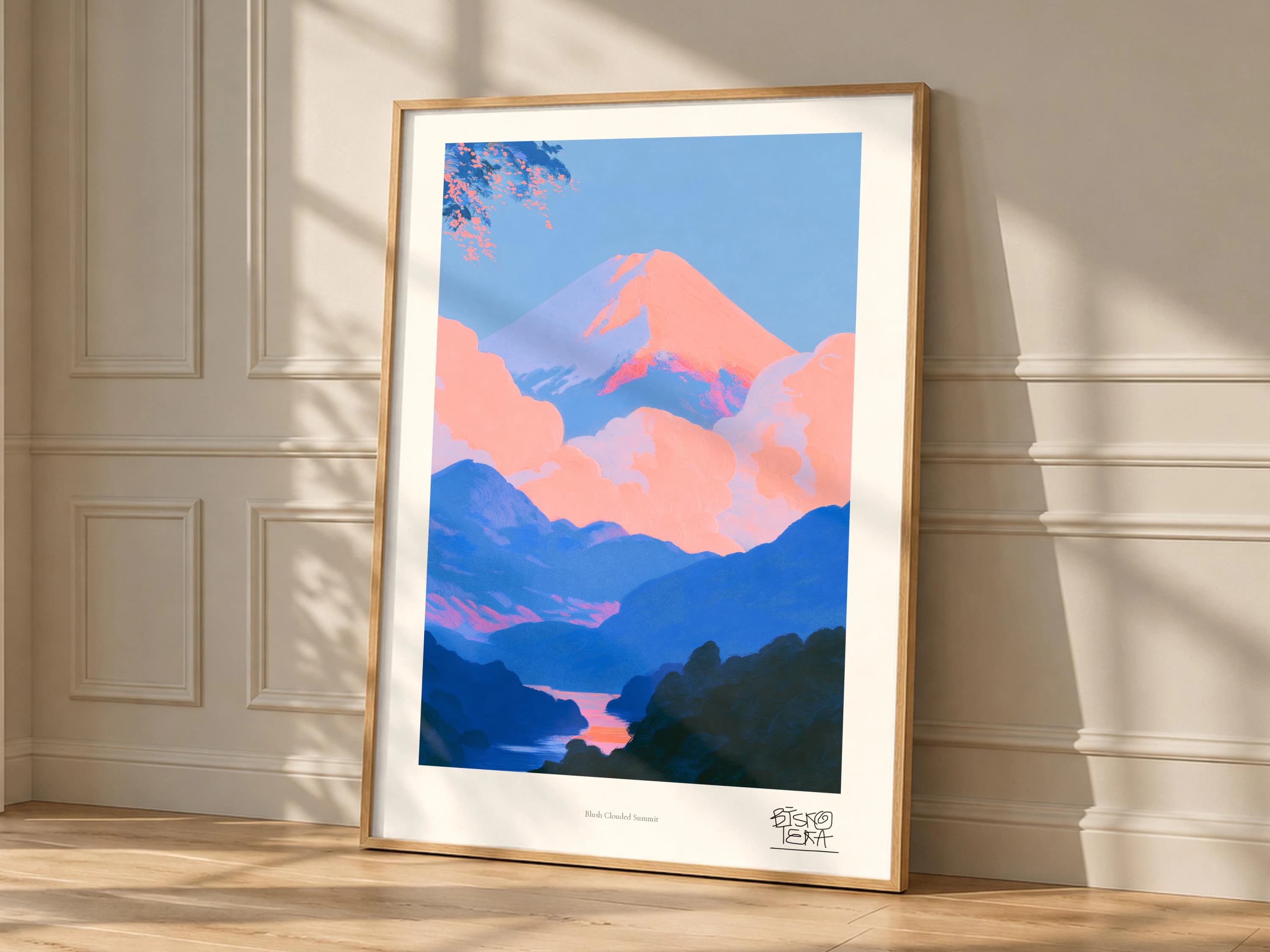 Blush Clouded Summit art print, framed, shown in a styled room