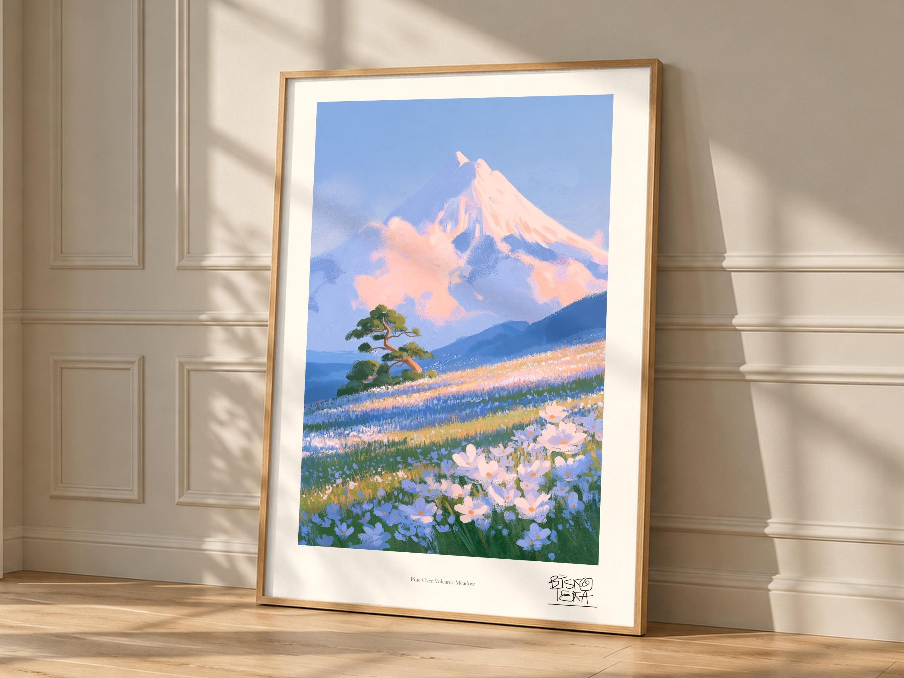 Pine Over Volcanic Meadow framed art print, shown hanging in a styled room