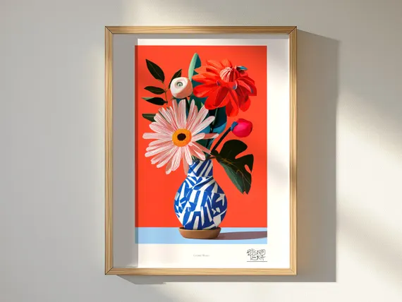 Ceramic Bloom art print, framed, shown in a styled room