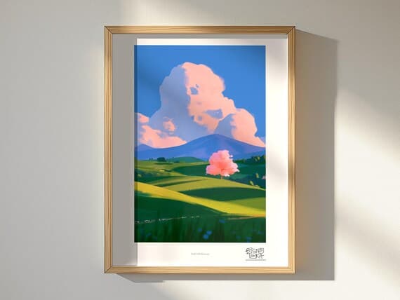 Pink Hill Blossom art print, framed, shown in a styled room