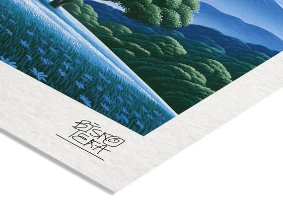 Close-up of the printed signature on the fine-art giclée paper of the Mountain Sun Meadow print