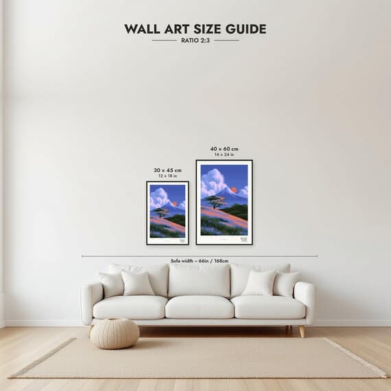 Framed size guide: 30x45 and 40x60 cm to scale above a sofa