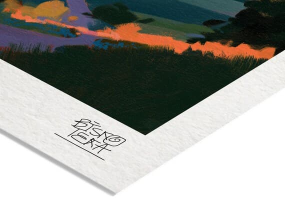 Close-up of the printed signature on the fine-art giclée paper of the Colorful Countryside Path print