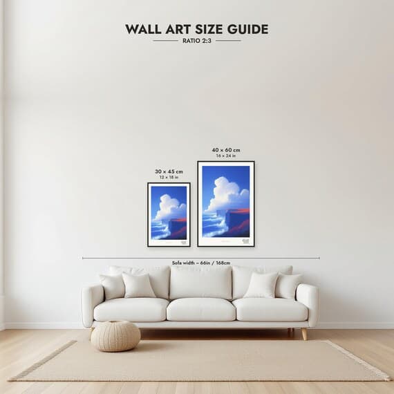Framed size guide: 30x45 and 40x60 cm to scale above a sofa