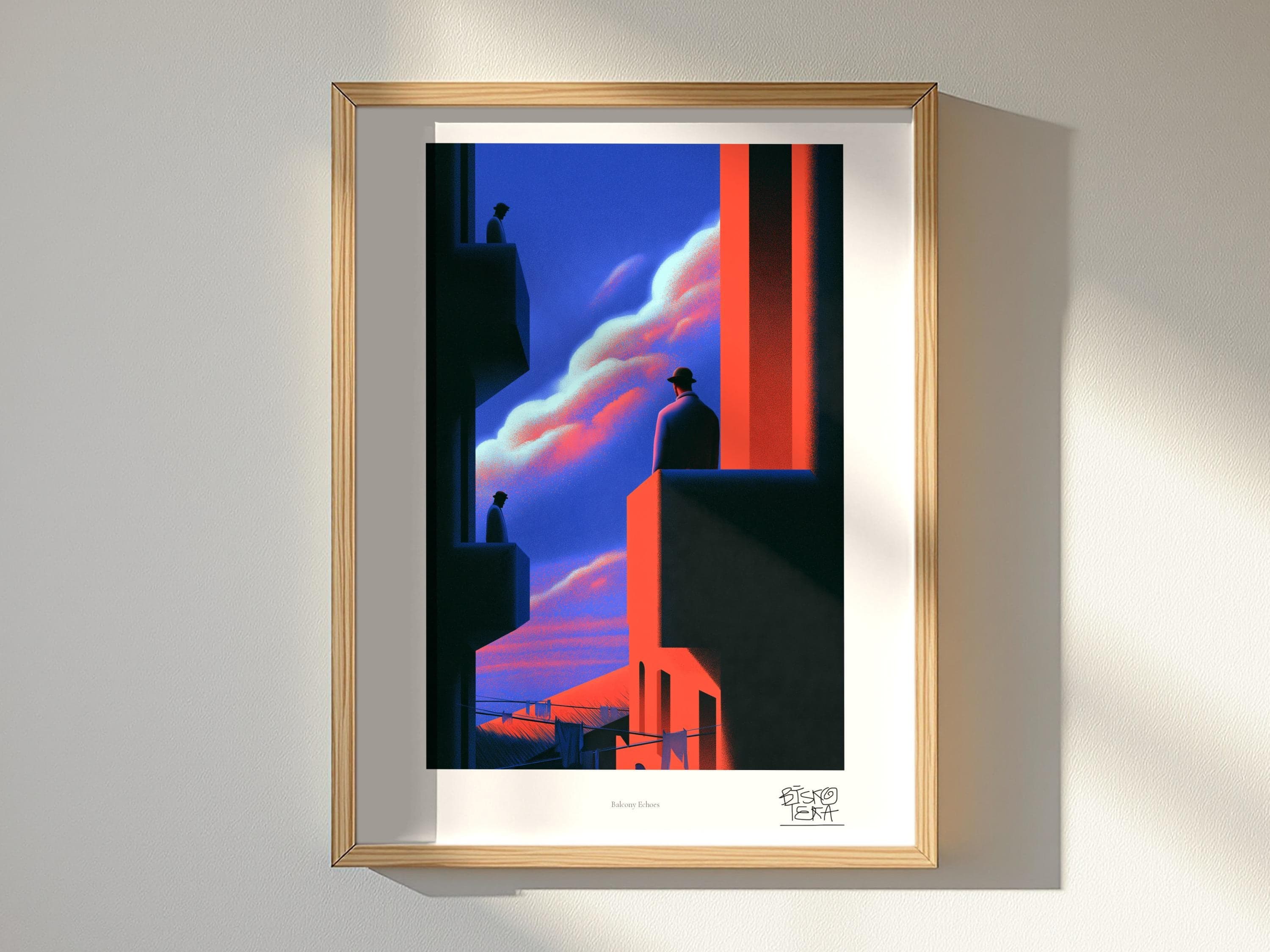 Balcony Echoes art print, framed, shown in a styled room