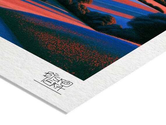 Close-up of the printed signature on the fine-art giclée paper of the Hilltop Village Trail print