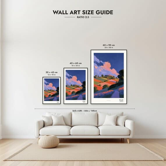 Size guide: 30×45, 40×60 and 60×90 cm to scale above a sofa