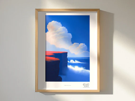 Cliffside Sky Drama framed art print, shown hanging in a styled room