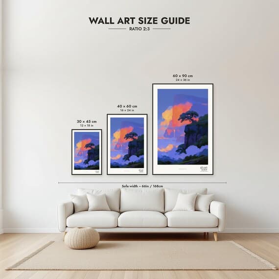 Size guide: 30×45, 40×60 and 60×90 cm to scale above a sofa