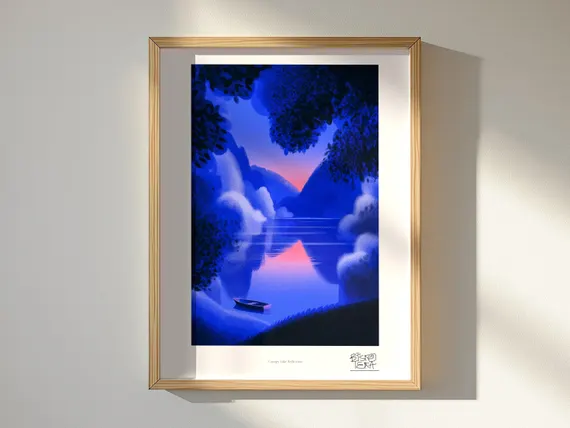Canopy Lake Reflection framed art print, shown hanging in a styled room