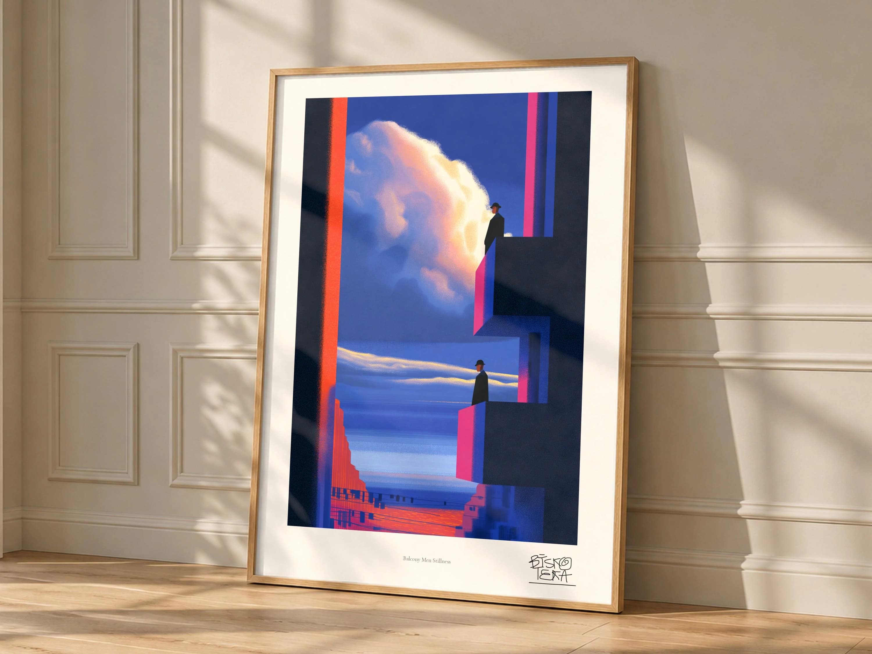 Balcony Men Stillness framed art print, shown hanging in a styled room